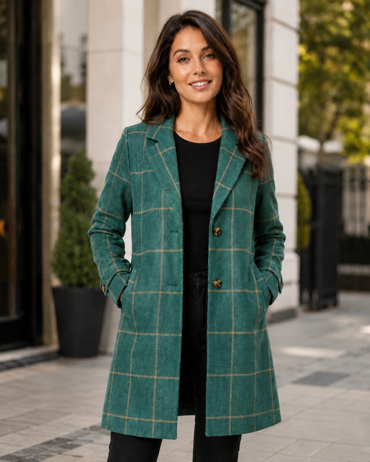 Stylish Checkered Trench Coat with Notched Lapel | Versatile Longline Design for Effortless Elegance 2