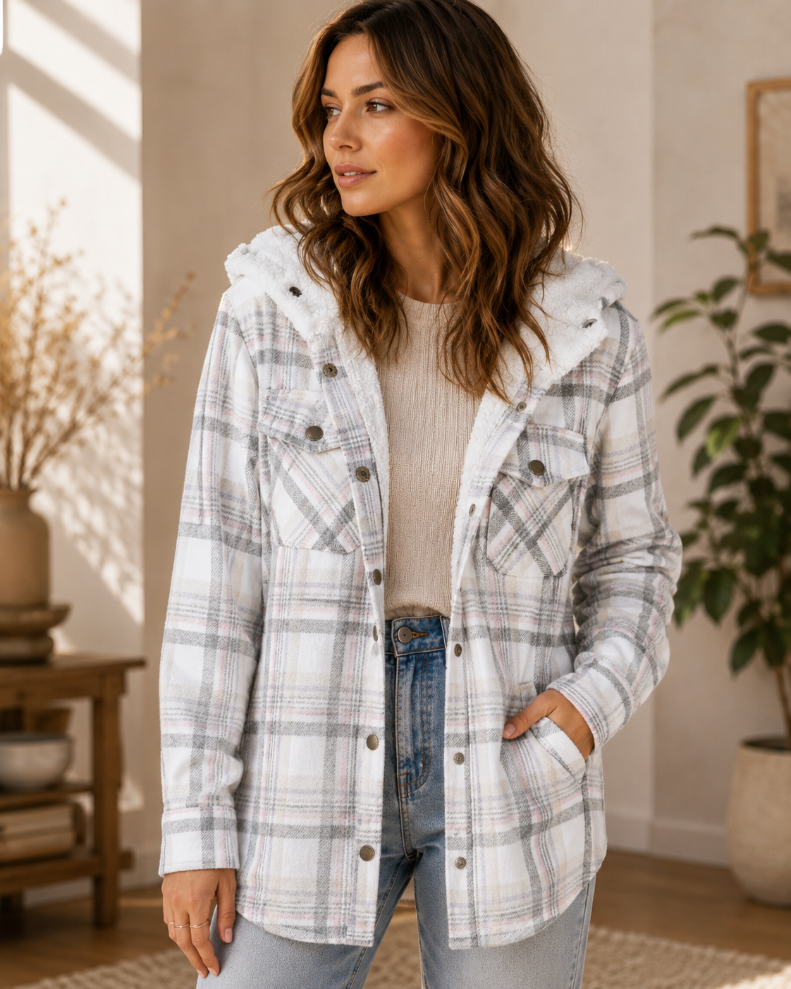 Women's Hooded Plaid Jacket – Button-Down Closure with Sherpa Trim
