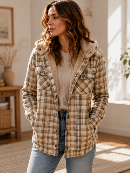 Women's Hooded Plaid Jacket – Button-Down Closure with Sherpa Trim