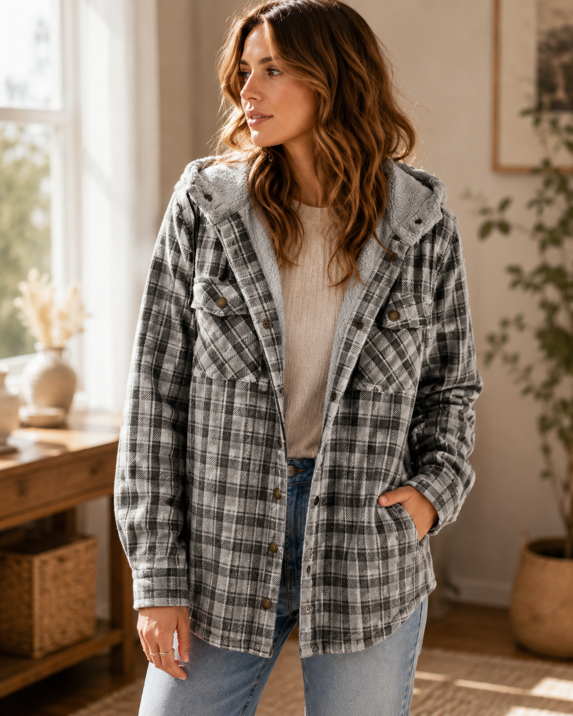 Women's Hooded Plaid Jacket – Button-Down Closure with Sherpa Trim
