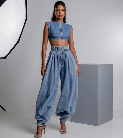 Women's Vintage Balloon Pants Denim Harem Trousers | Casual High-Waist Loose Fit Pants