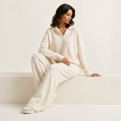 Luxe Knit Lounge Set | Soft Two-Piece Outfit with Elegant Collar | Comfortable Style for Everyday Relaxation