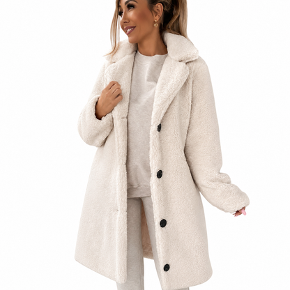 Women's Long Teddy Coat – Oversized Fit with Button Front Closure, Notched Lapel