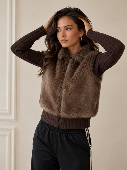 Women's Knitted Mini Cardigan – Long Sleeve with Faux Fur Accents