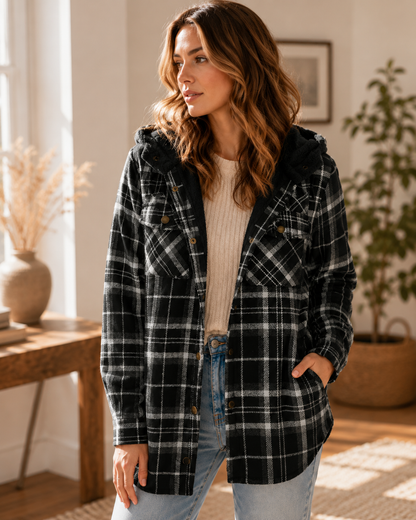 Women's Hooded Plaid Jacket – Button-Down Closure with Sherpa Trim