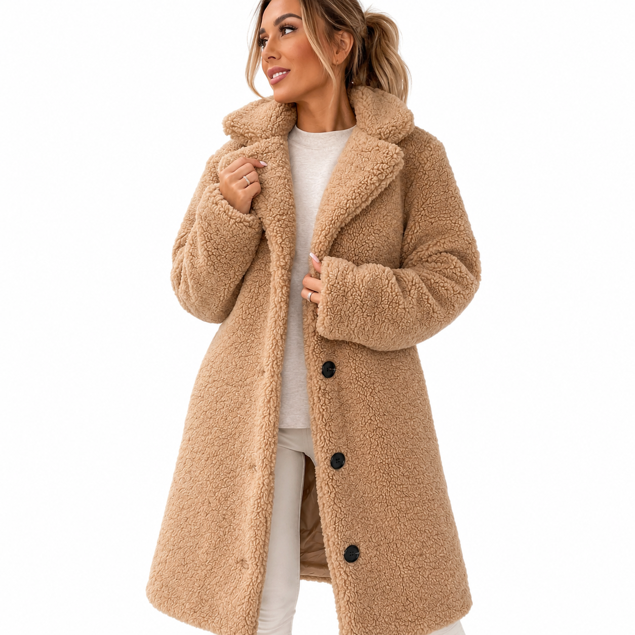 Women's Long Teddy Coat – Oversized Fit with Button Front Closure, Notched Lapel