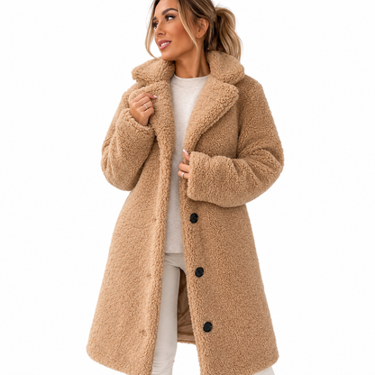 Women's Long Teddy Coat – Oversized Fit with Button Front Closure, Notched Lapel