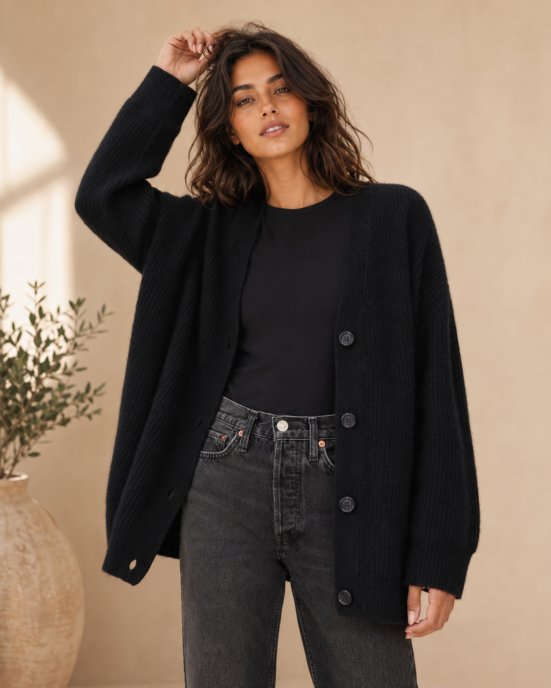 Women's Oversized Knit Cardigan with Button Closure