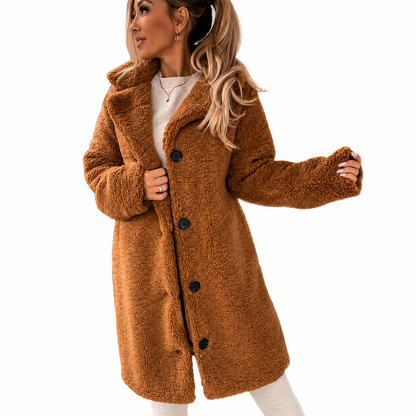 Women's Long Teddy Coat – Oversized Fit with Button Front Closure, Notched Lapel