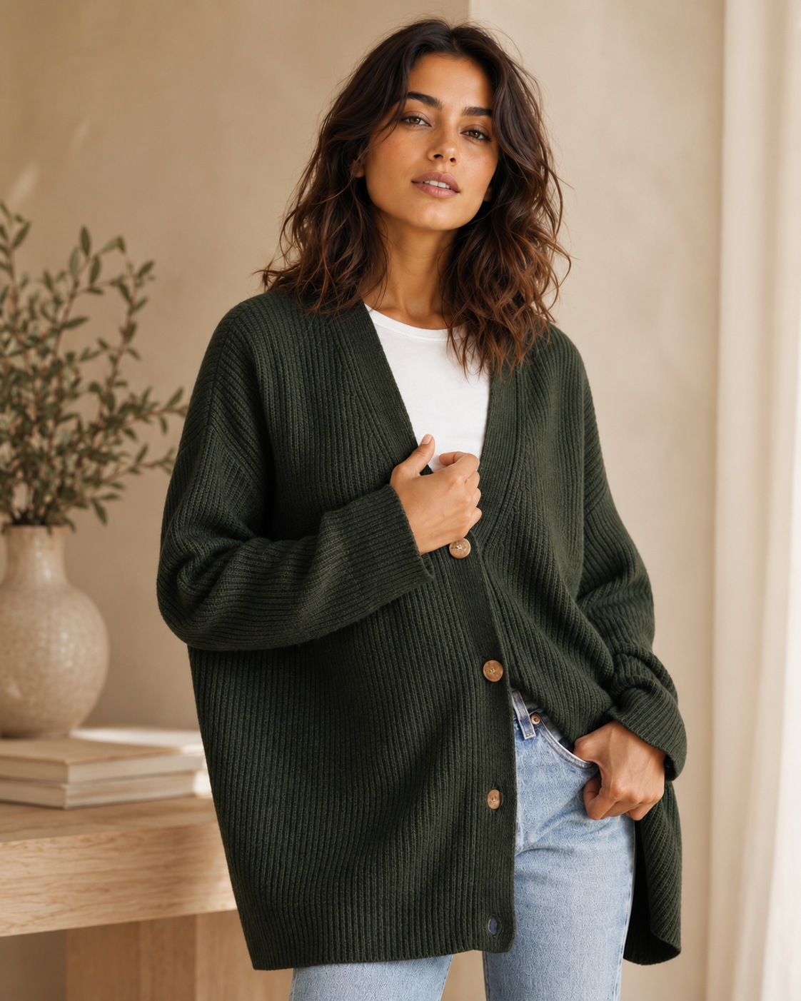 Women's Oversized Knit Cardigan with Button Closure