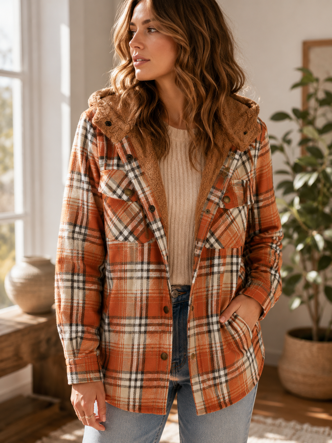 Women's Hooded Plaid Jacket – Button-Down Closure with Sherpa Trim