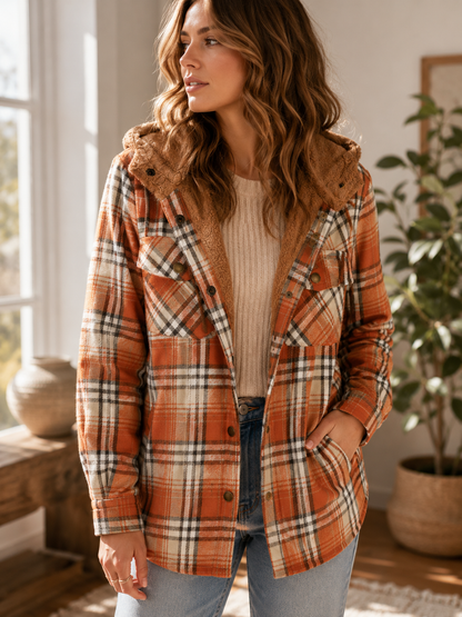 Women's Hooded Plaid Jacket – Button-Down Closure with Sherpa Trim