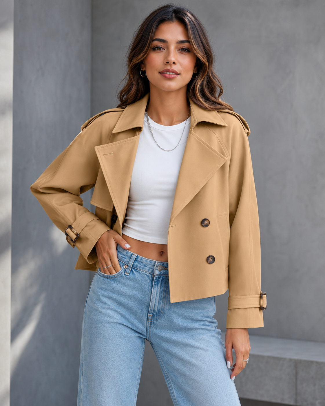Women's Cropped Double-Breasted Trench Coat