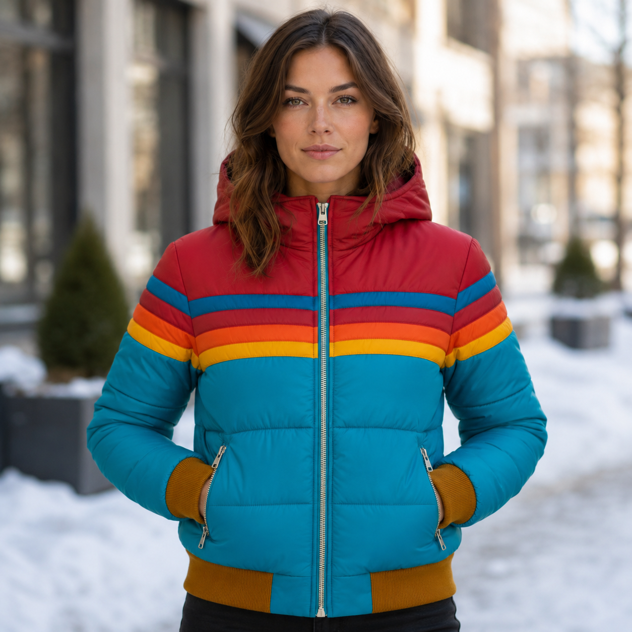 Women's Insulated Hooded Puffer Jacket – Retro Stripe Design, Zip Pockets