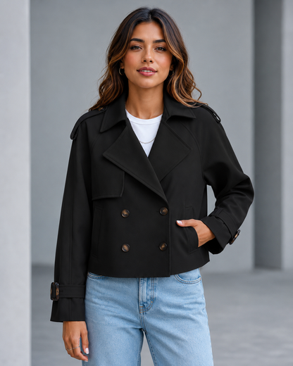 Contemporary | Cropped Trench Coat for Women with Double-Breasted Design | Versatile Outerwear for Year-Round Style 