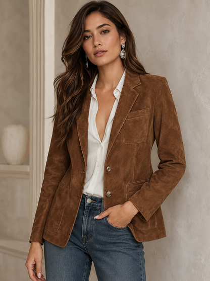 Women's Suede Notch Lapel Blazer with Patch Pockets