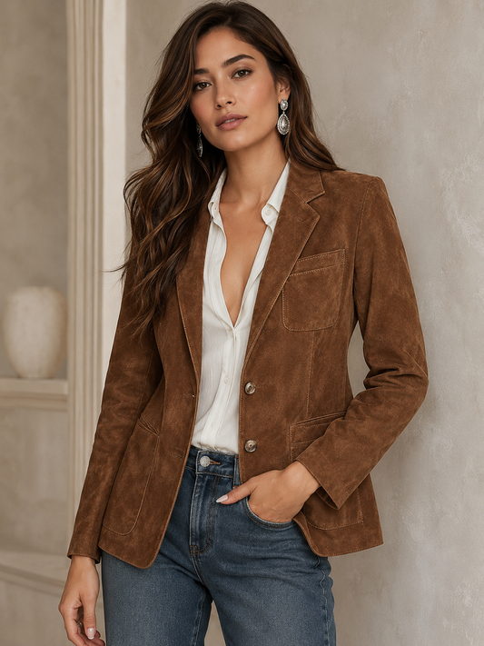 Women's Suede Notch Lapel Blazer with Patch Pockets