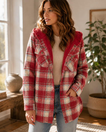Women's Hooded Plaid Jacket – Button-Down Closure with Sherpa Trim