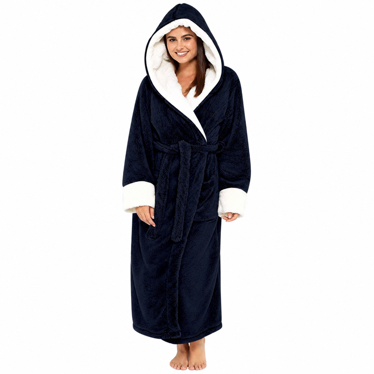 Women's Hooded Fleece Robe With Belt and Pockets