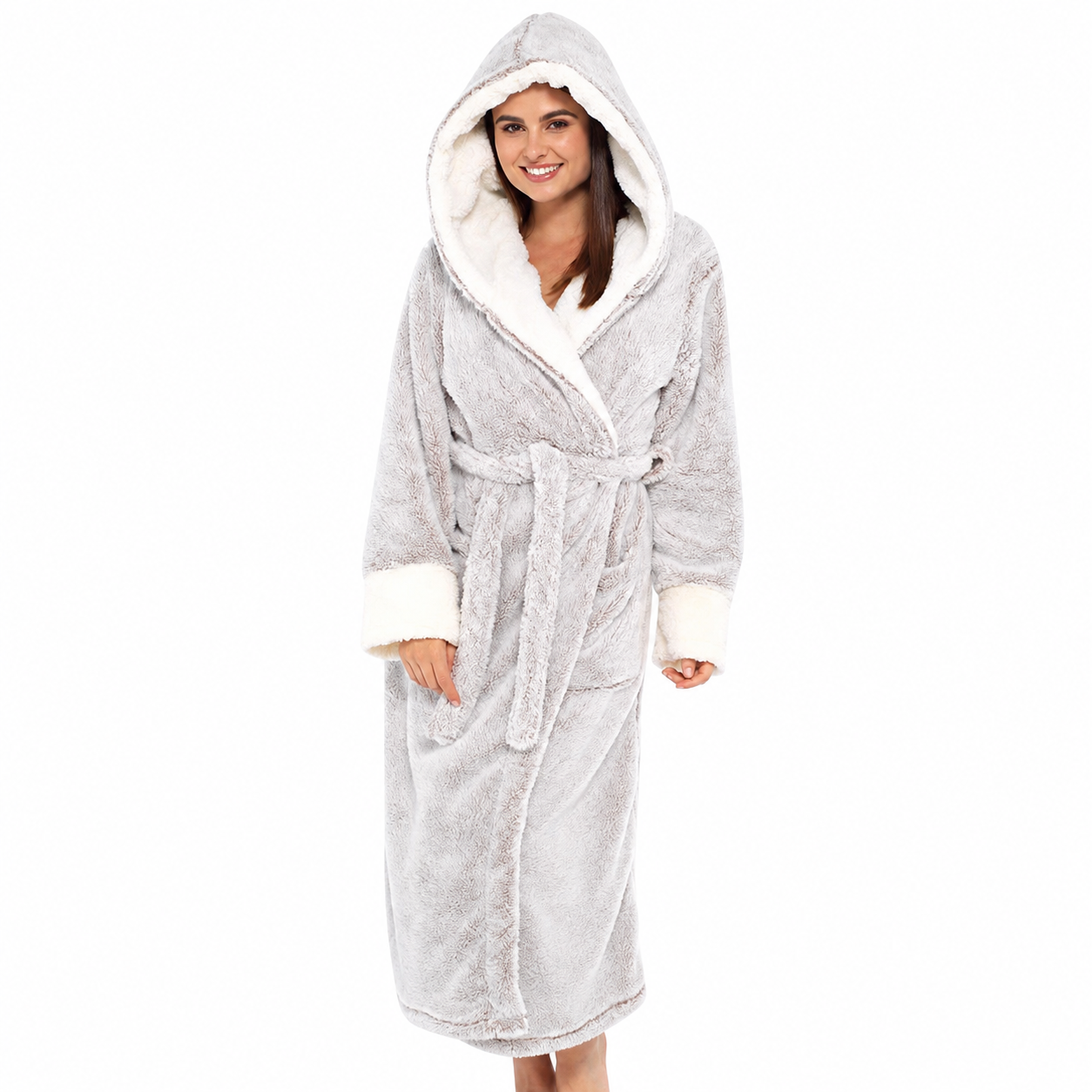 Women's Hooded Fleece Robe With Belt and Pockets