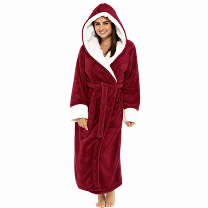 Women's Hooded Fleece Robe With Belt and Pockets