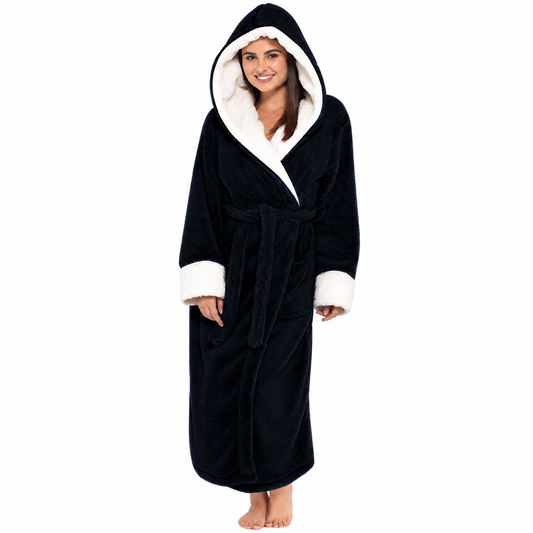 Women's Hooded Fleece Robe With Belt and Pockets