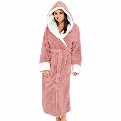 Women's Hooded Fleece Robe With Belt and Pockets