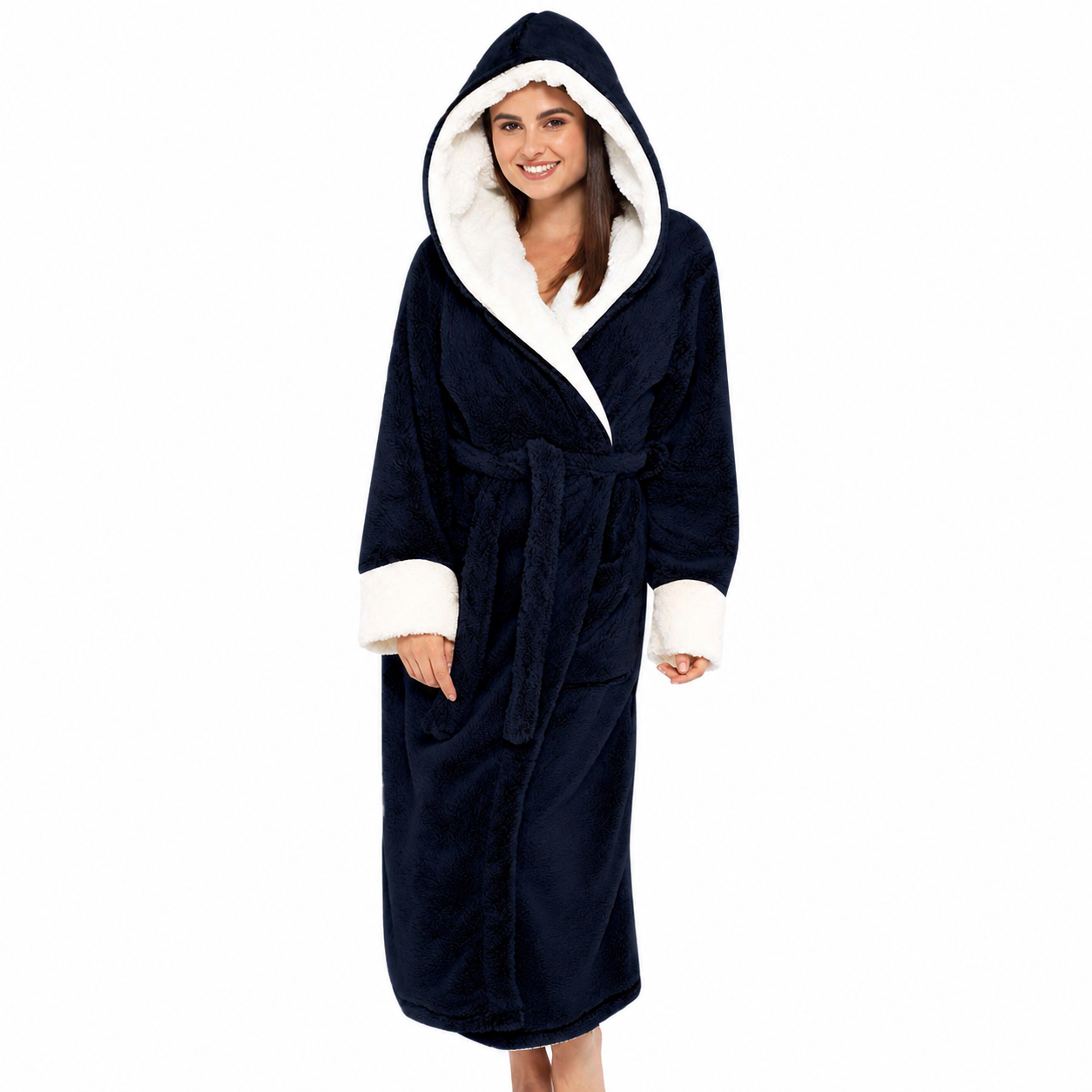 Women's Hooded Fleece Robe With Belt and Pockets
