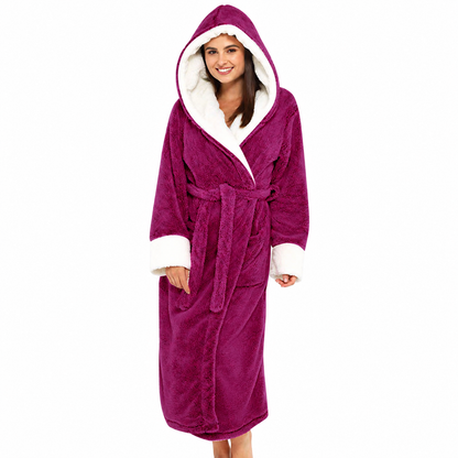 Women's Hooded Fleece Robe With Belt and Pockets