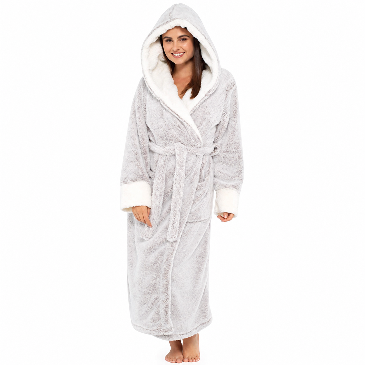 Women's Hooded Fleece Robe With Belt and Pockets