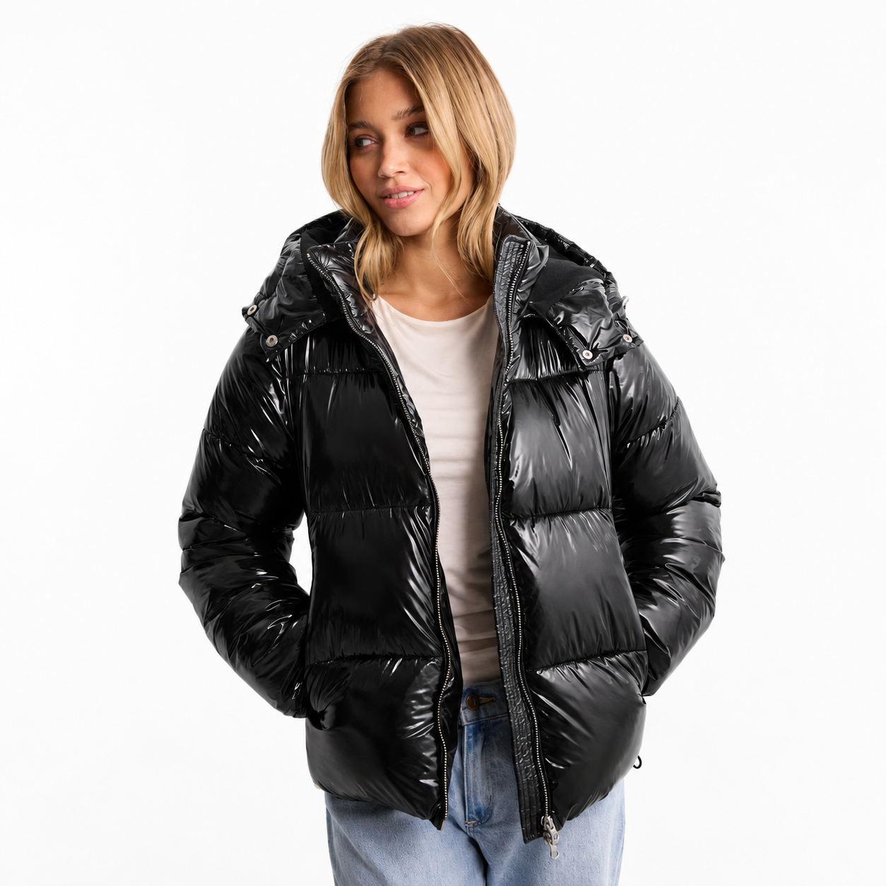 Women's Shiny Quilted Jacket – Removable Hood, Water-Repellent Fabric