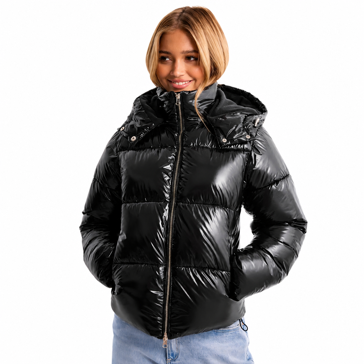 Women's Shiny Quilted Jacket – Removable Hood, Water-Repellent Fabric