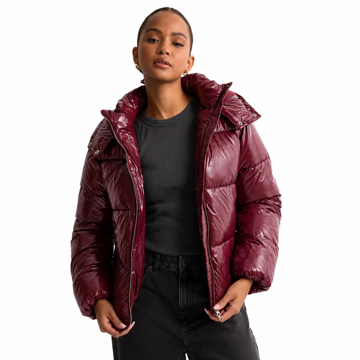 Women's Shiny Quilted Jacket – Removable Hood, Water-Repellent Fabric