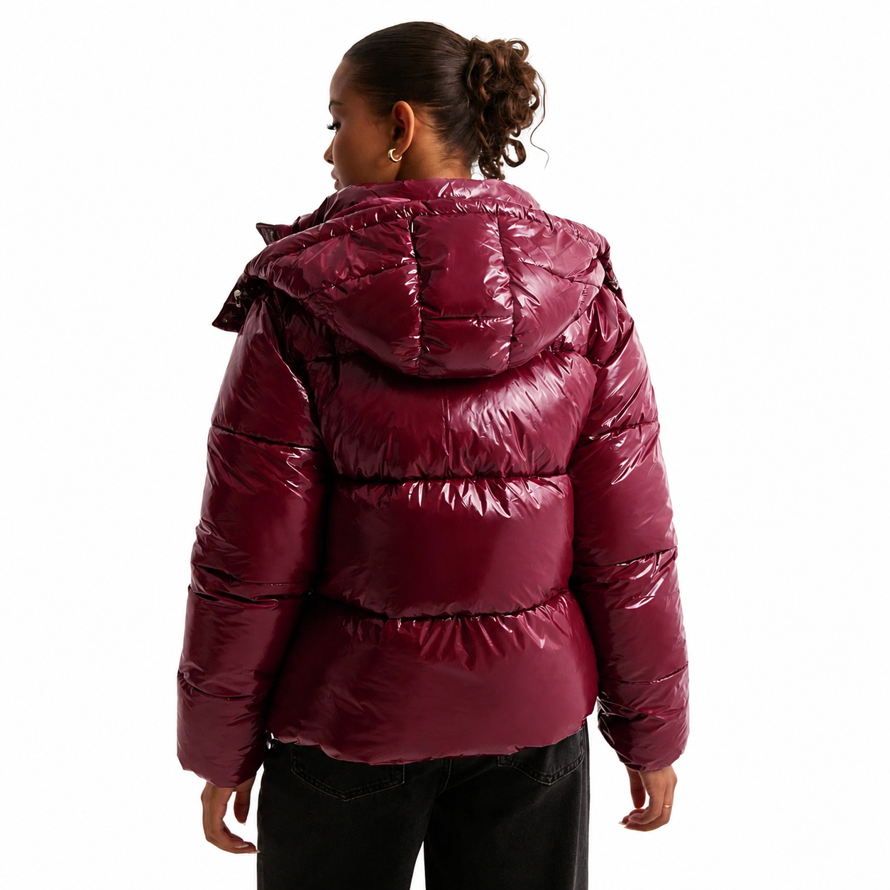 Women's Shiny Quilted Jacket – Removable Hood, Water-Repellent Fabric