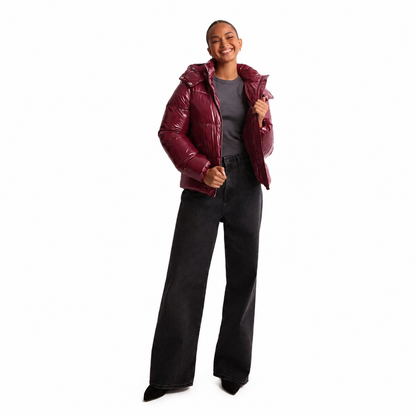 Women's Shiny Quilted Jacket – Removable Hood, Water-Repellent Fabric