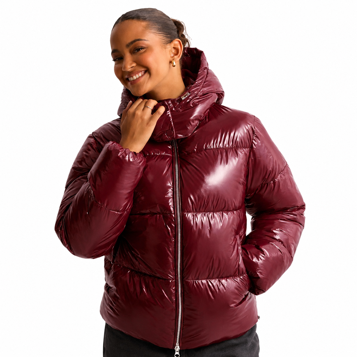 Women's Shiny Quilted Jacket – Removable Hood, Water-Repellent Fabric
