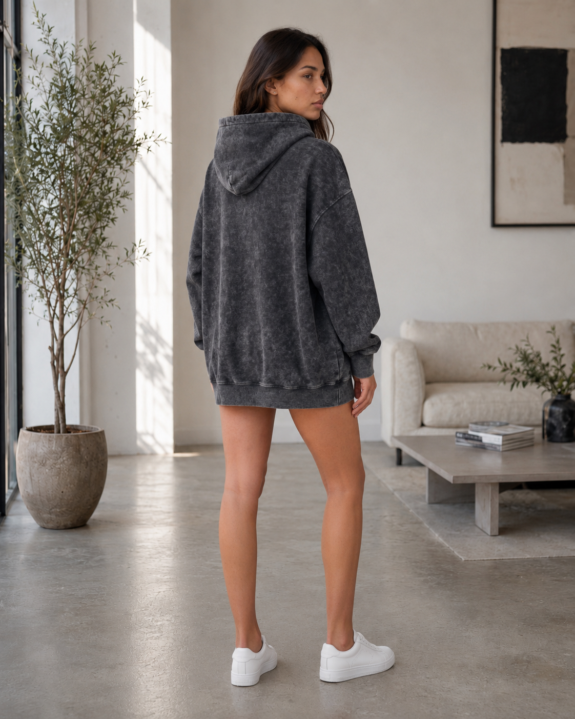 Women's Washed Black Oversized Longline Hoodie – Kangaroo Pocket