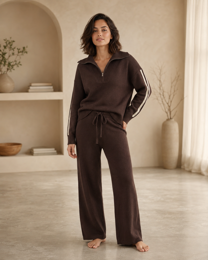 Women's Chocolate Brown Stripe Loungewear Set – Relaxed Fit with Half-Zip Pullover and Wide-Leg Drawstring Trousers