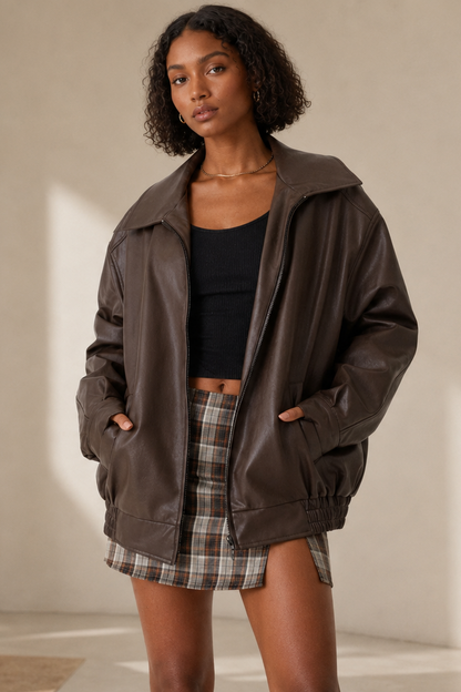 Women's Oversized Leather Jacket – Casual Fit