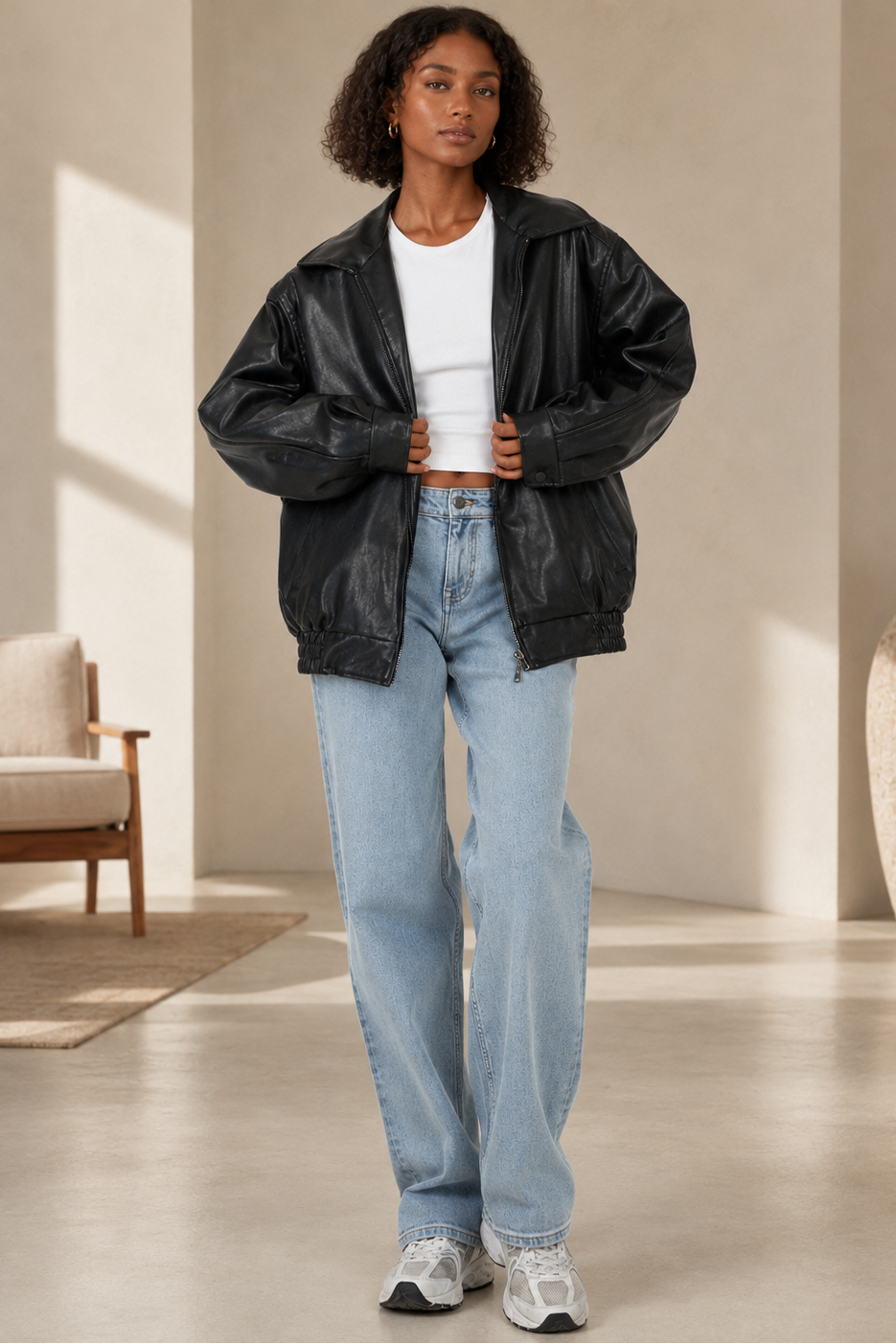Women's Oversized Leather Jacket – Casual Fit