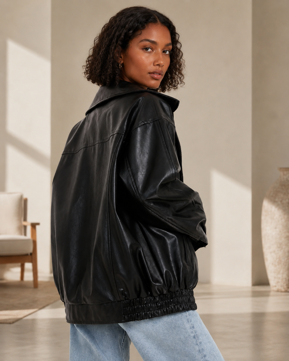 Women's Oversized Leather Jacket – Casual Fit