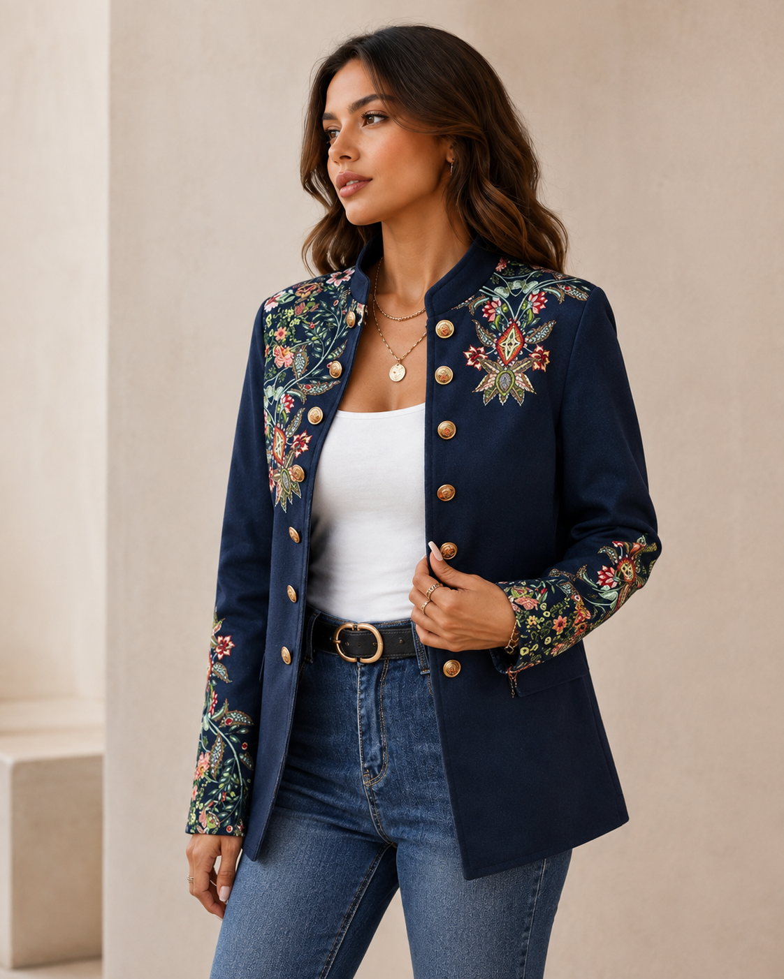 Women's Floral Print Blazer – Collarless Design, Long Sleeves, Polyester