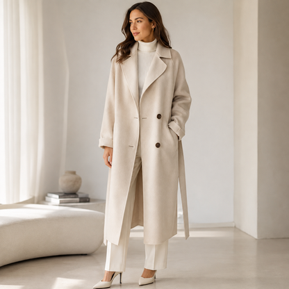 Women's Long Wool Coat – Button Closure, Fully Lined, Functional Pockets