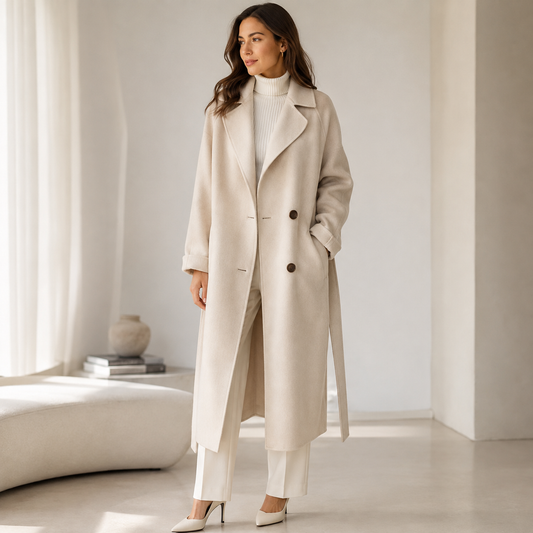 Women's Long Wool Coat – Button Closure, Fully Lined, Functional Pockets