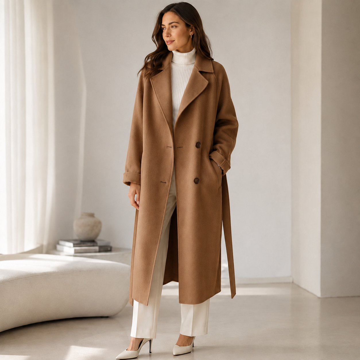 Women's Long Wool Coat – Button Closure, Fully Lined, Functional Pockets