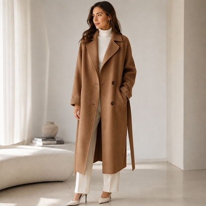 Women's Long Wool Coat – Button Closure, Fully Lined, Functional Pockets