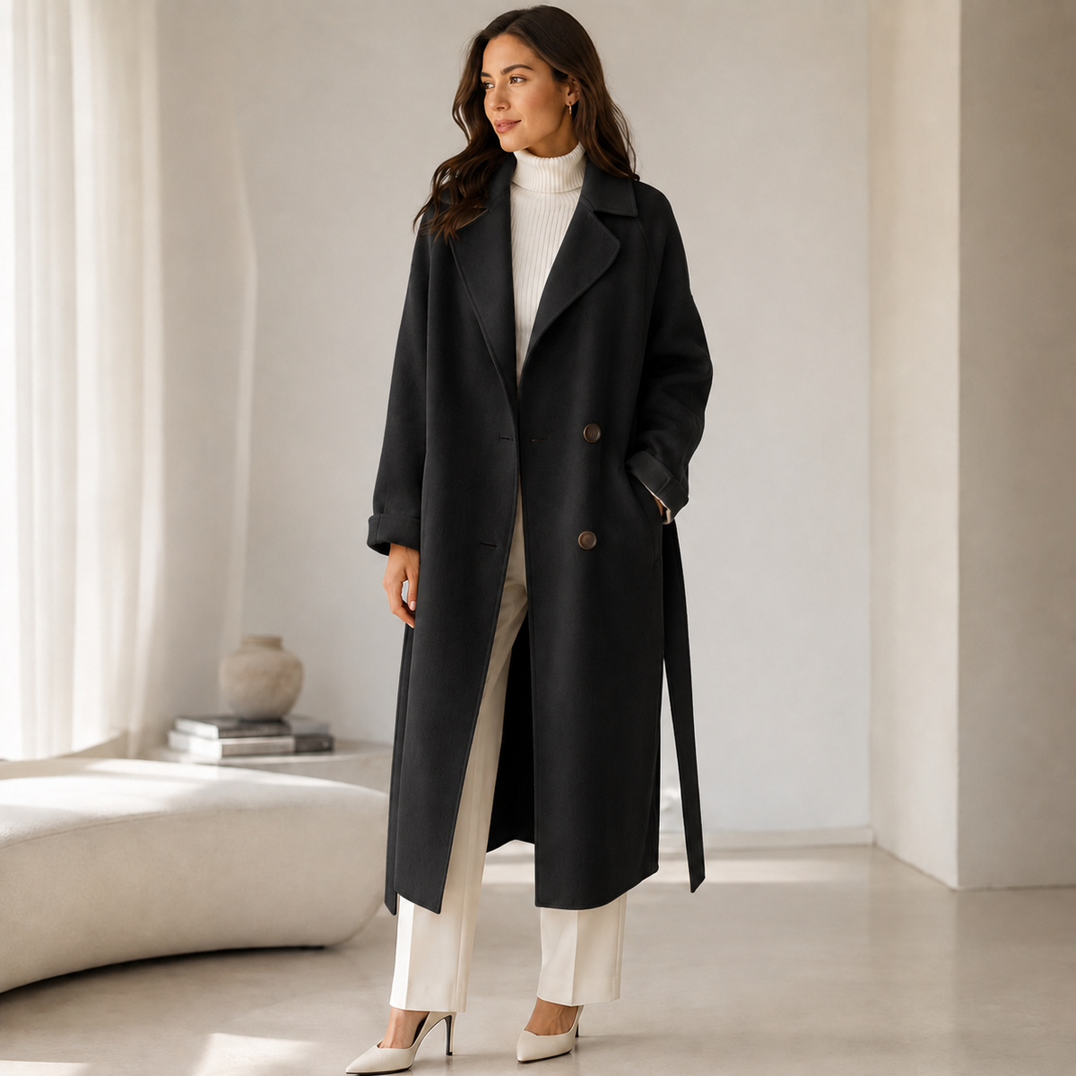 Women's Long Wool Coat – Button Closure, Fully Lined, Functional Pockets