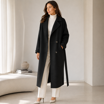 Women's Long Wool Coat – Button Closure, Fully Lined, Functional Pockets
