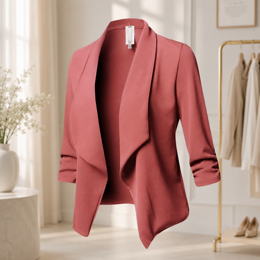 Women's Soft Textured Black Blazer – Open Front with Three-Quarter Sleeves