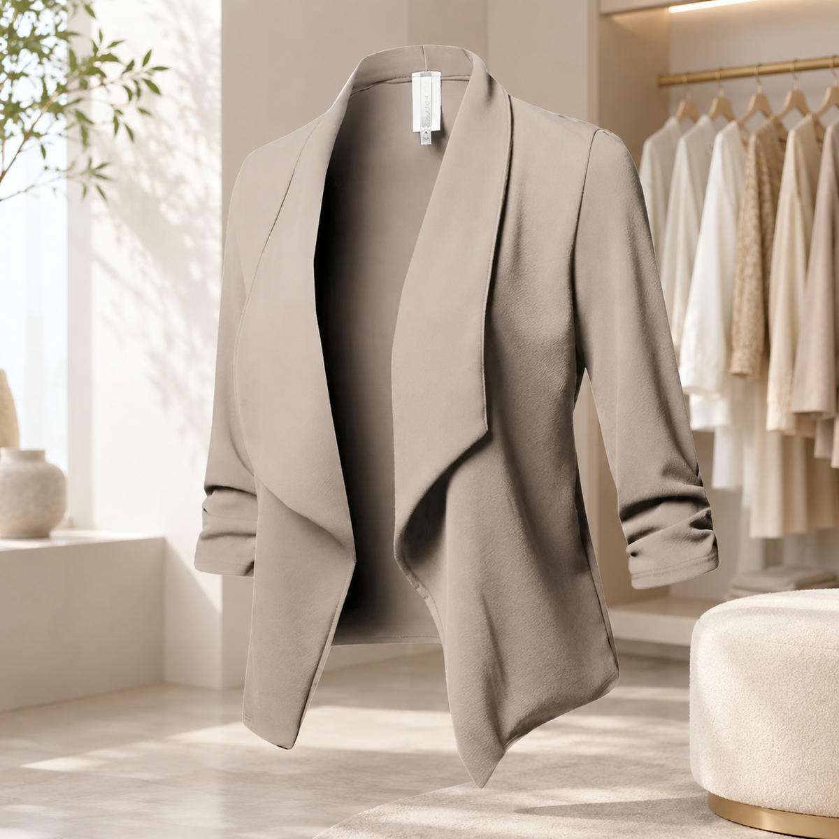 Women's Soft Textured Black Blazer – Open Front with Three-Quarter Sleeves